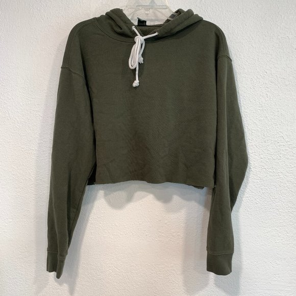 Wild Fable Cropped Hoodie Sweatshirt Raw Hem Oversized Olive Green Womens Small